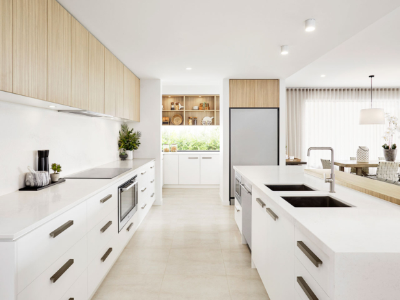 Bright modern kitchen with white cabinets and wooden accents.
