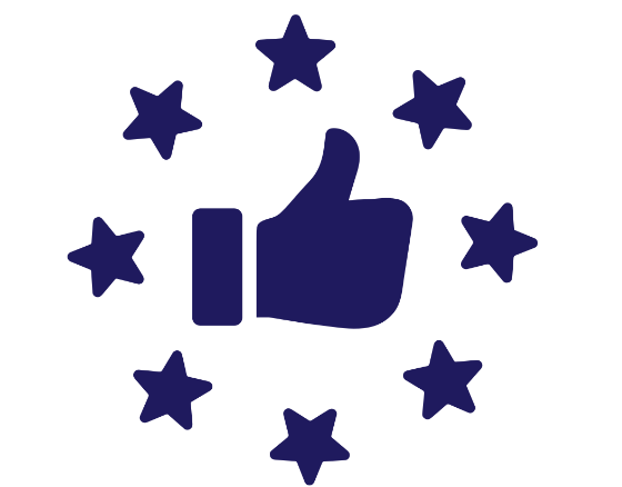 Thumbs up surrounded by stars symbolizing approval or quality.