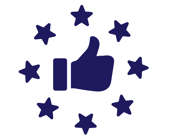 Thumbs up surrounded by stars symbolizing approval or quality.