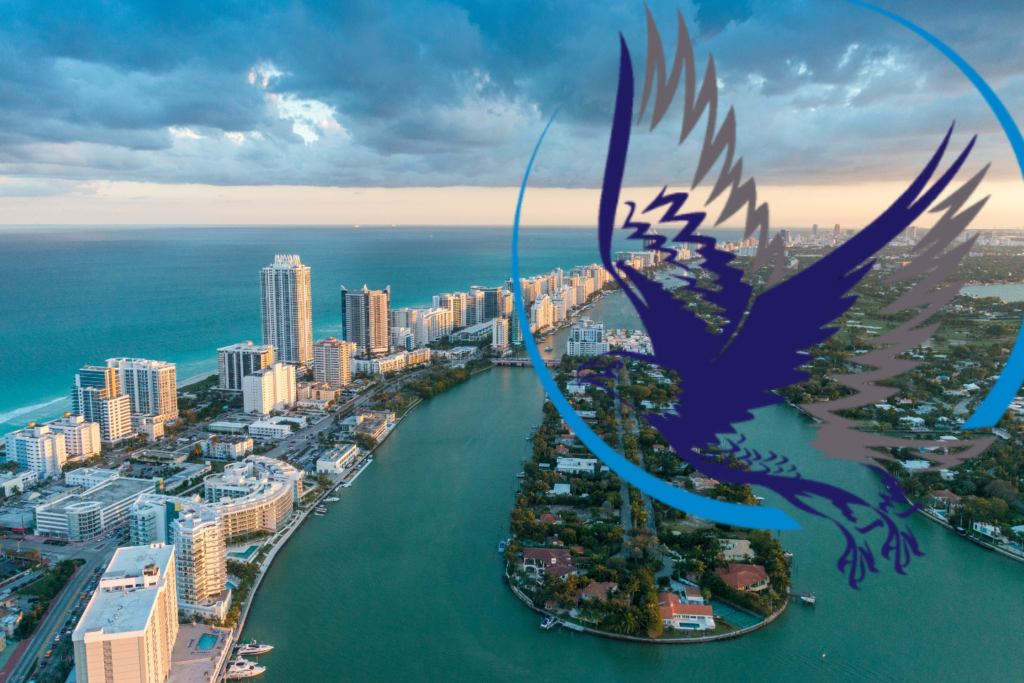 A coastal city skyline with a large eagle graphic overlay.