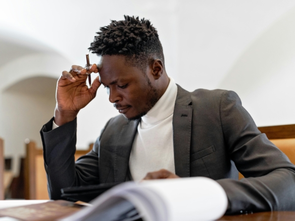 Thoughtful man in a suit reading documents at a desk.