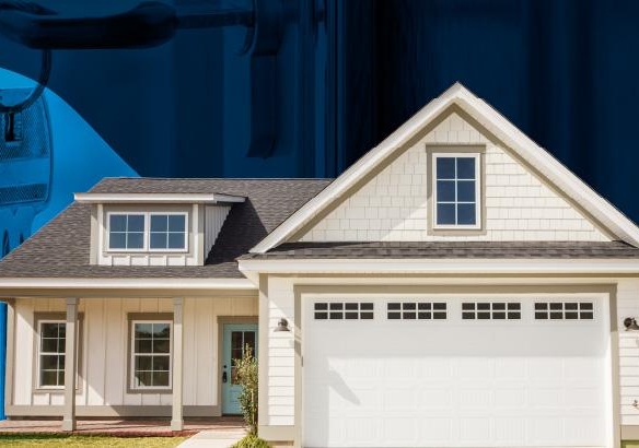 Modern suburban house with a two-car garage and a covered porch.
