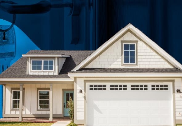 Modern suburban house with a two-car garage and a covered porch.