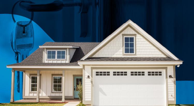 Modern suburban house with a two-car garage and a covered porch.