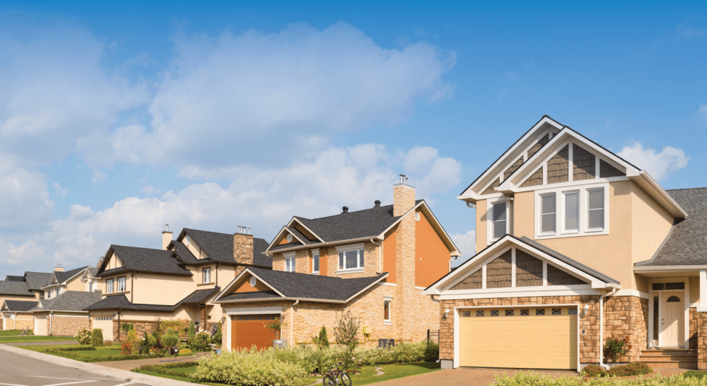Suburban neighborhood with modern houses under a partly cloudy sky.
