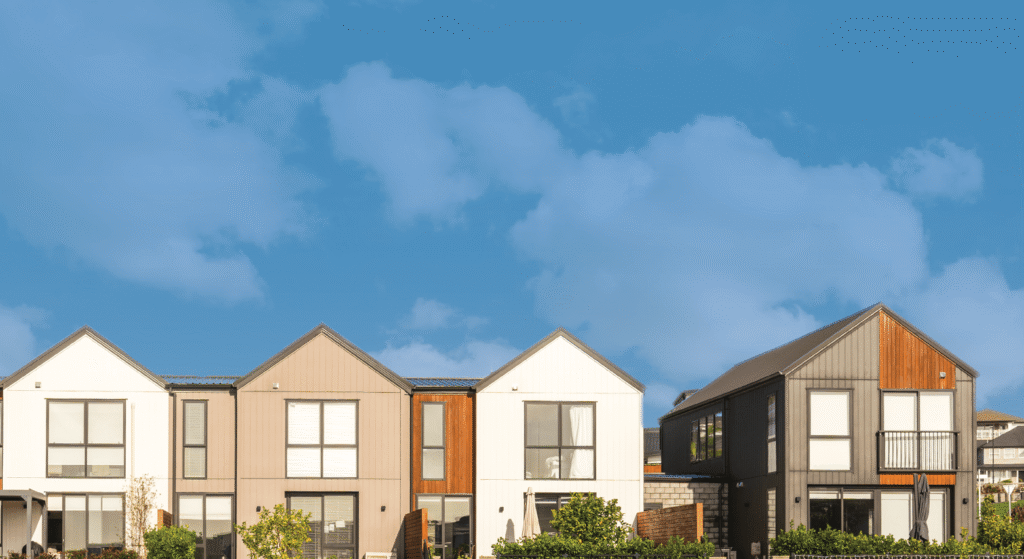 Modern suburban houses under a clear blue sky.
