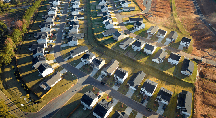 Aerial view of suburban neighborhood layout.
