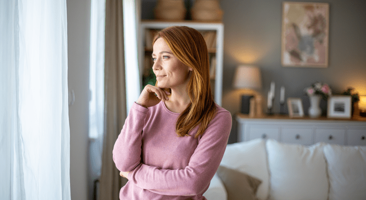 Woman gazing out window in cozy room.
