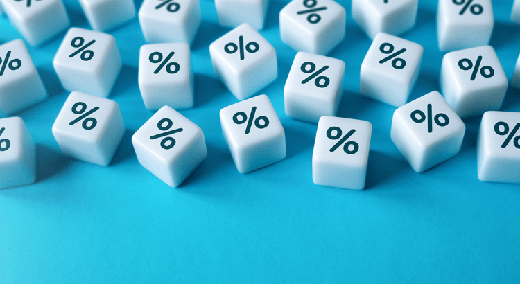 Dice with percentage symbols on blue background.